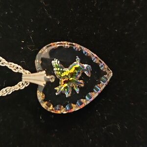 Flying Pig Heart Pendent Crystal Necklace On Silvertone Chain NWOT